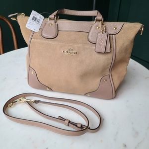 Coach Mickie Satchel Stone/Light Gold Suede/Leather Handbag